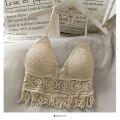 Women Beach Crop Tops Hollow Cover-Ups Perspective Tassel Sexy Spaghetti Strap Swinwear Built In Bra Backlless Halter Neck. 