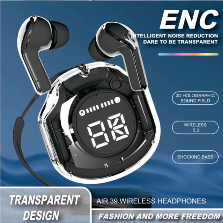 Air39 Wireless Earbuds | A39 Air pods | Air39 Earbuds | Crystal Clear Sound, Bluetooth 5.3, Transparent Case, Heavy Bass Stereo, Noise Reduction, Sports Headset with Microphone, Waterproof, LED Display | New Model Air A39