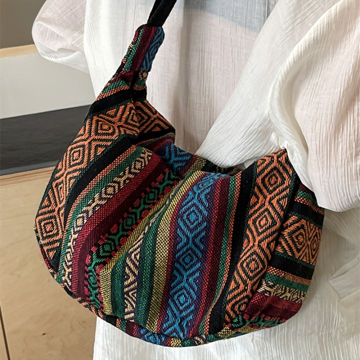 Tribal Style Shoulder Bag, Foldable Crossbody with Zipper Closure, Striped Pattern, Flag Theme Hand Washable Edge Painted Lining