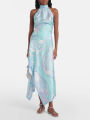 Summer Fashion New Women's Elegant Satin Skirt Two Piece Set Printed Hanging Neck Top Irregular Half Body Skirt Two Piece Set.