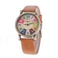 Women'S Quartz Watch Rainbow Color Digital Clock Wood Grain Turntable Top New Famous Retro Casual Leather Strap Student .