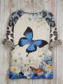 Plus Size Butterfly Print T-Shirt Casual V Neck Leopard Stitching Short Sleeve T-Shirt Women's Plus Size Clothing.