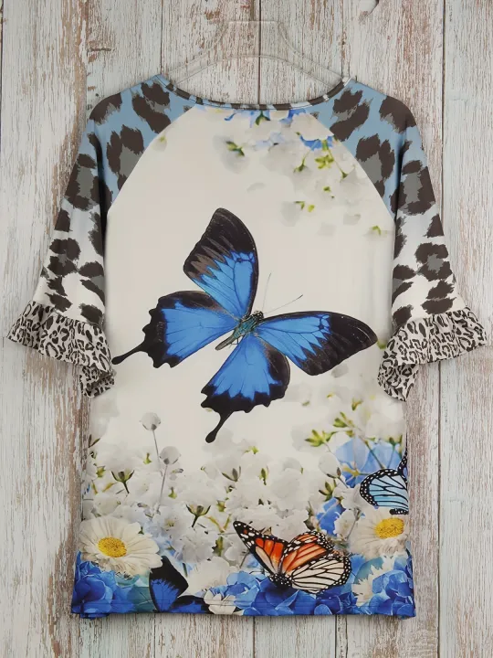 Plus%20Size%20Butterfly%20Print%20T-Shirt%20Casual%20V%20Neck%20Leopard%20Stitching%20Short%20Sleeve%20T-Shirt%20Women's%20Plus%20Size%20Clothing%20-%20Image%203