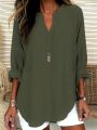 Plus Size 2025 New Casual Tops Women's Loose Long Sleeve Stand Collar T-shirts Polyester Fashion Female Apparel V-neck Clothing.