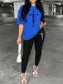Women's Sports Outfit Set, Plus Size Abstract Figure Print long Sleeve T-shirt Top & Medium Stretch Comfy Pants Fitness Outfit. 