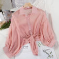 Women Summer Bat Half Sleeve Chiffon Shirt Casual Loose Button Hollow White Clothes Elegant Solid Color Tied Waist Blouse 9776. 