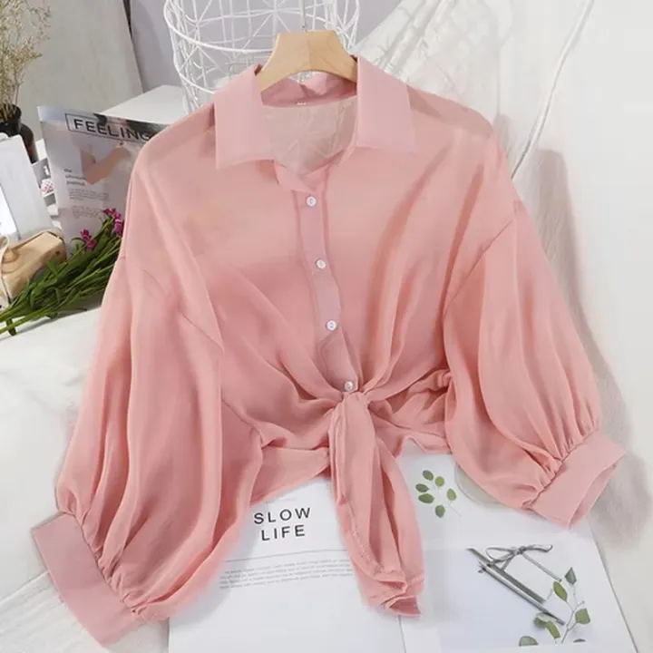 Women%20Summer%20Bat%20Half%20Sleeve%20Chiffon%20Shirt%20Casual%20Loose%20Button%20Hollow%20White%20Clothes%20Elegant%20Solid%20Color%20Tied%20Waist%20Blouse%209776%20-%20Image%203