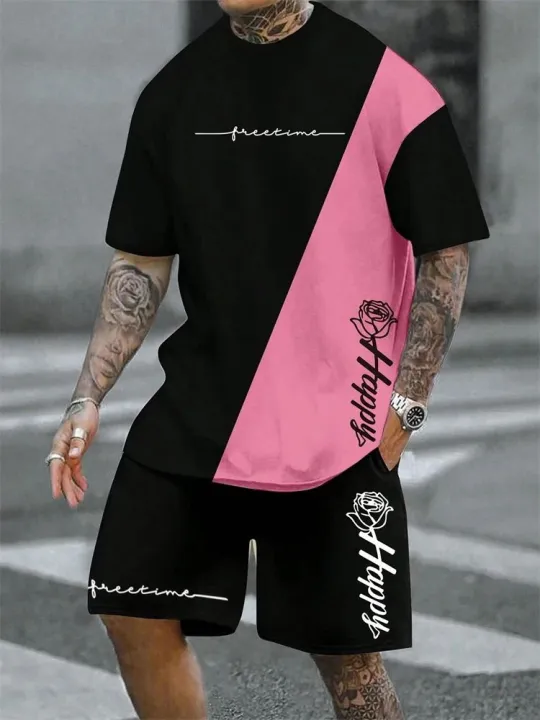 2025%20Hot%20Selling%20Spliced%20Pattern%20Men's%20T-Shirt%20Round%20Neck%20Short-Sleeved%20Drawstring%20Shorts%20Outdoor%20Breathable%20Quick%20Drying%20Short%20-%20Image%202