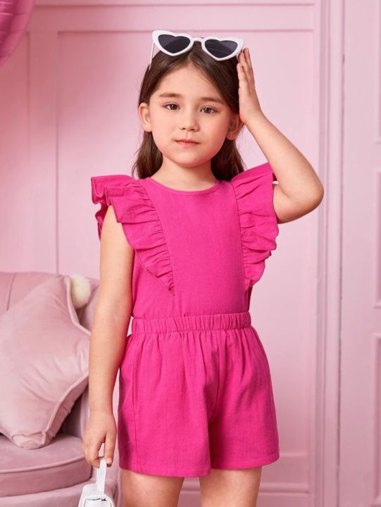 Girl's Casual Solid Color Flying Sleeve Top And Shorts Set