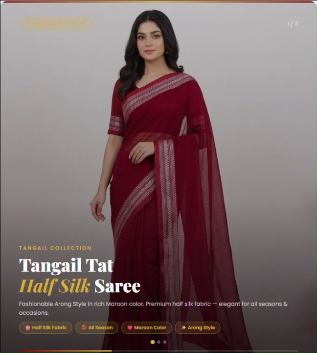 Tangail Tat Half Silk Saree for Women All Season Half Silk Fabric Fashionable Arong Style in Maroon Color
