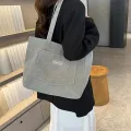 Large Capacity Shoulder Bag Trendy Corduroy Tote Bag Solid Color Ladies Handbag With Front Pocket. 