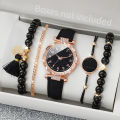 5PCS/Set Women's Watch Fashion Rhinestone Leather Band Quartz Watch Beads Bracelets Set(Without Box). 