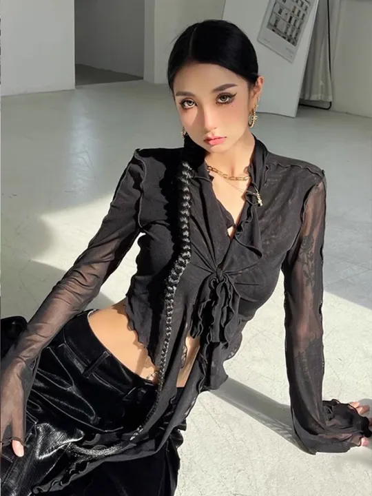 Long%20Flare%20Sleeve%20Blouses%20for%20Women%20Lace-up%20Mesh%20%20Sweet%20Hot%20Girls%20Korean%20Fashion%20Style%20All-match%20Solid%20Design%20Elegant%20Casual%20-%20Image%205