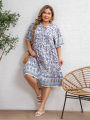 Plus Size Women's Blue White Floral Print Dress Tie Half Sleeve Boho Style Loose Casual Midi Dress. 