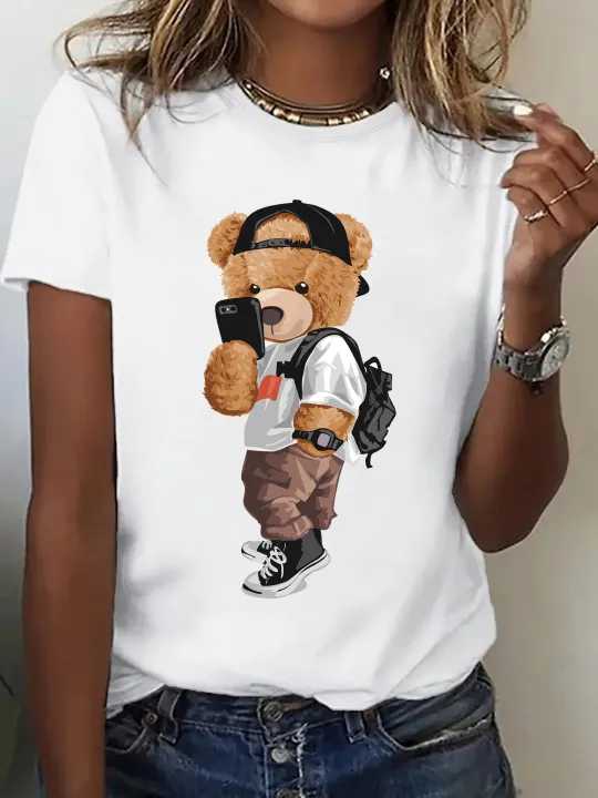 Leisure%20Comfort%20Fit%20Top%20Women's%20Activewear%20Cartoon%20Bear%20Pattern%20Printing%20Short%20Sleeve%20T-shirt%20-%20Image%202