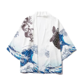 Men and Women's Japanese Kimono, Wave Carp, 3D Print Pattern Coat, Green Traditional Haori Cardigan, Japan Black Beach Clothing. 