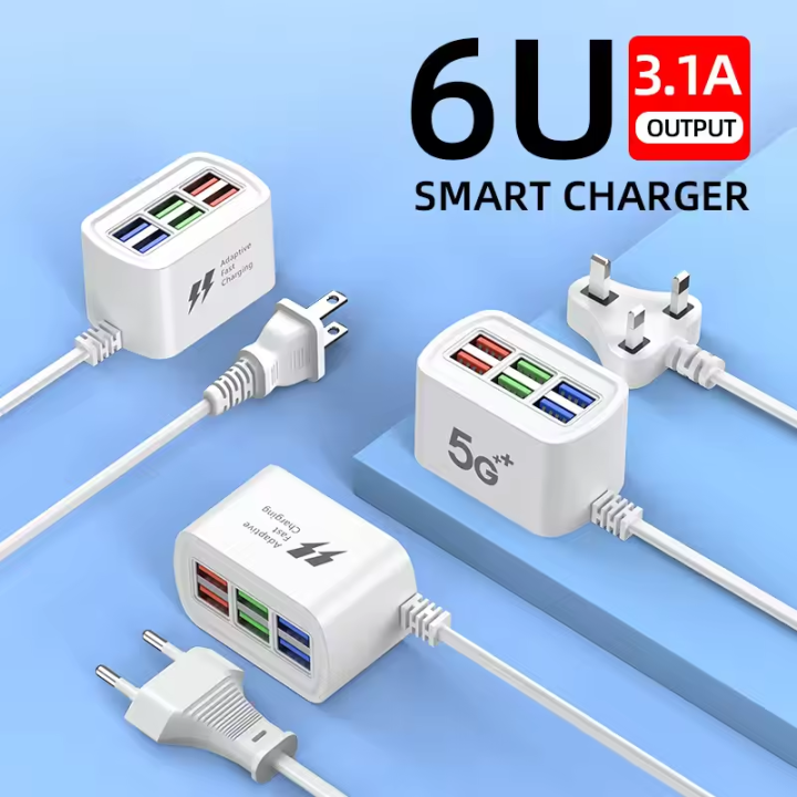 6 In 1 USB Multi Ports Phone Charger Fast Charging Phone Adapter For iPhone Xiaomi Huawei Samsung Quick Charging Phone Charger