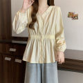 200 Pounds Plus Size Elastic Waist Summer Shirt And Blouse Solid Top Women's New In Clothes Simple V-neck French.