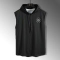 Summer Hooded Sweatshirt New Men's Sleeveless Loose T-Shirt Solid Color Lightweight Hooded Sweatshirt Fitness Breathable Collar. 