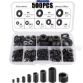 500 Pcs Mixed Sizes M2-M10 Black & White Nylon Flat Washers Insulating Gaskets for Screws And Bolts Kit. 