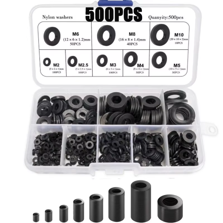 500%20Pcs%20Mixed%20Sizes%20M2-M10%20Black%20&%20White%20Nylon%20Flat%20Washers%20Insulating%20Gaskets%20for%20Screws%20And%20Bolts%20Kit%20-%20Image%202