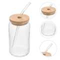 Round shape Glass with glass straw and wooden lid, coffee glass, milk glass, juice glass -Imported high quality - cups for tea - tea cup - coffee mug - kitchen accessories. 380ML. 