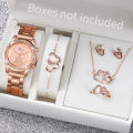 6PCS/Set Women's Watch Fashion Rhinestone Stainless Steel Band Quartz Watch Double Heart Jewelry Set(Without Box).