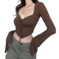 Sexy Vintage Crop Tshirts Long Sleeve Slim T Shirt 2024 Autumn New Korean Style Chic Sweet Y2K Aesthetic Streetwear Female Tee. 
