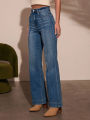 Autumn new women's dark blue high waist straight jeans slim fit wide leg version stretch denim fabric elegant intellectual jeans. 