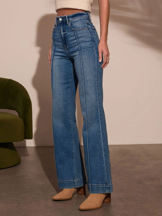 Autumn%20new%20women's%20dark%20blue%20high%20waist%20straight%20jeans%20slim%20fit%20wide%20leg%20version%20stretch%20denim%20fabric%20elegant%20intellectual%20jeans%20-%20Image%204