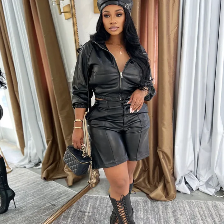 Doyerl%20PU%20Faux%20Leather%202%20Pieces%20Set%20for%20Woman%20Motorcycle%20Long%20Sleeve%20Zip%20Hooded%20Cropped%20Jacket%20and%20Shorts%20Matching%20Sets%20Outfits%20-%20Image%204