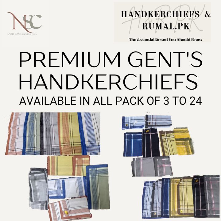 PACK OF 6 PREMIUM GENT'S HANDKERCHIEFS - PREMIUM COTTON PURE FEBRIC - GENT'S HANDKERCHIEFS