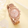 6PCS Set Rose Gold Luxury Watch Women Ring Necklace Earring Rhinestone Fashion Wristwatch Casual Ladies Bracelet Watches. 