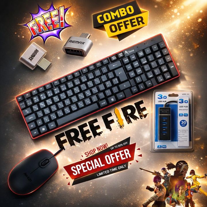 USB keyboard optical mouse and hub -with free OTG- gaming combo pack