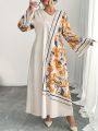 Plus Size Fashionable Women's Middle East Robe Dress Ethnic Print Loose Comfortable Vacation Style Long Sleeve V-Neck Gown. 
