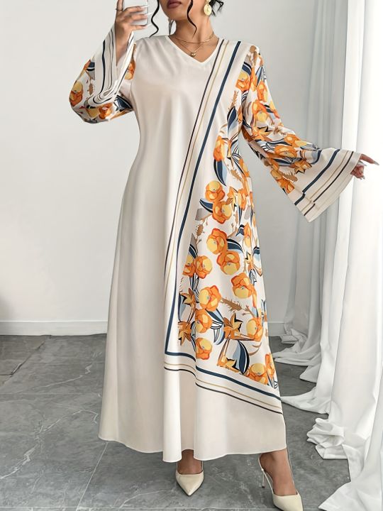 Plus%20Size%20Fashionable%20Women's%20Middle%20East%20Robe%20Dress%20Ethnic%20Print%20Loose%20Comfortable%20Vacation%20Style%20Long%20Sleeve%20V-Neck%20Gown%20-%20Image%203