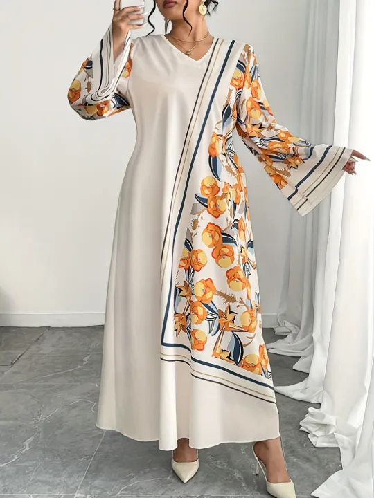 Plus%20Size%20Fashionable%20Women's%20Middle%20East%20Robe%20Dress%20Ethnic%20Print%20Loose%20Comfortable%20Vacation%20Style%20Long%20Sleeve%20V-Neck%20Gown%20-%20Image%203