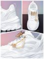 Women's Thick-Soled 5cm Height-Increasing Dad Shoes, Y2K Sweet-Cool Style, with Detachable Gold Butterfly Pearl Chain Decoration, Mesh Breathable Eva Irregular Sole, White Casual Sneakers, Trendy for Everyday Wear, Unique Design, Sweet Girl Style, Vers....