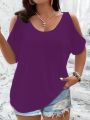 Plus Size Cold Shoulder T-Shirt for Women Casual Loose Fit Summer Top with Trendy Cutouts.