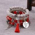 New 4pcs Vintage Bracelet Ladies Light Luxury Style Multi Color System Stone Tassel Multi Layer Beads Leaf Pendant Jewelry. 