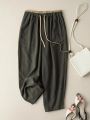 Summer Retro Cotton Linen Loose Harem Pants Elastic Drawstring Waist Casual Pants Basic Versatility Wide-leg Ankle-Length Pants.
