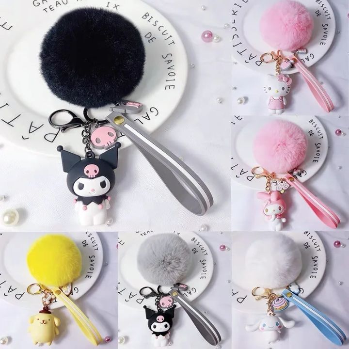 Hello Kitty Sanrio Kuromi Penguin Frog Dog Cat Cute Keychains with Fluffy Rabbit Fur Ball Women Girl Bag Pendant Keyring Gifts