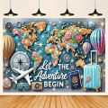 1 adventure-themed large background banner with a shiny world map, hot air balloons and travel signs - perfect for parties. 