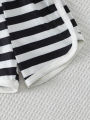 2pcs Summer Baby Boys Girls Black White Striped Ribbed Tank Set, Casual Style, Daily/School Wear, 0-3Y, Breathable Fabric.
