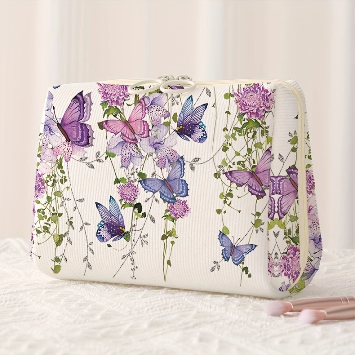 1, Purple Butterfly Pattern Makeup Bag, Portable Makeup Storage Bag, Multi functional Storage Bag, Lightweight Travel Bag