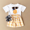 2PCS Summer Baby Boys Girls Clothes Set Lemon Print T-shirt+Checkered Shorts Beach Infant Toddler Outfit Suit 0-3Y. 