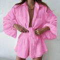 Cakulo 2025 Women's Summer 2-Piece Outfit Long Sleeve Button-Down Loose Blouse And Shorts Sweatsuit Set Casual Comfortable Style.