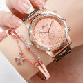 2PCS Women's Watch Fashion Rhinestone Rose Gold Steel Band Analog Quartz Watches Bracelet Set. 