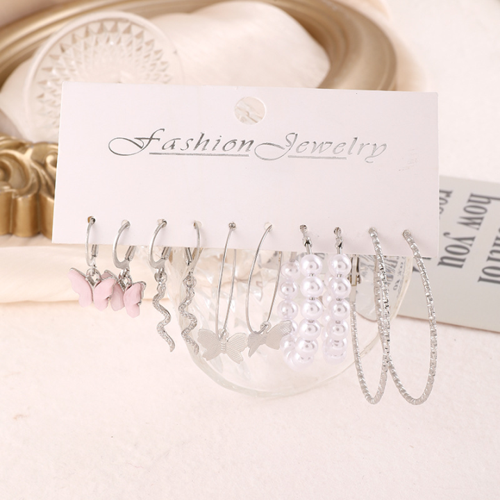 Women's%20Pink%20Butterfly%20Earrings%20Swirly%20Dangles/Imitation%20Pearl%20/Textured%20Silver%20Color%20Hoop%20Earrings%20Diverse%20Earring%20Set%20-%20Image%204