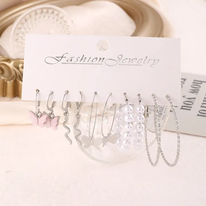 Women's%20Pink%20Butterfly%20Earrings%20Swirly%20Dangles/Imitation%20Pearl%20/Textured%20Silver%20Color%20Hoop%20Earrings%20Diverse%20Earring%20Set%20-%20Image%204